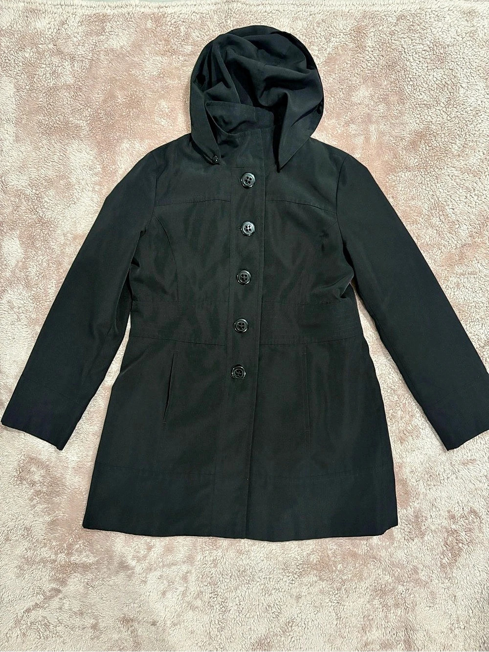 Esprit Hooded Black Trench Coat Size XL Like New
